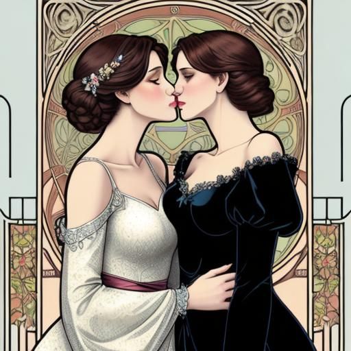 Lesbian Kiss in Art Nouveau Style
