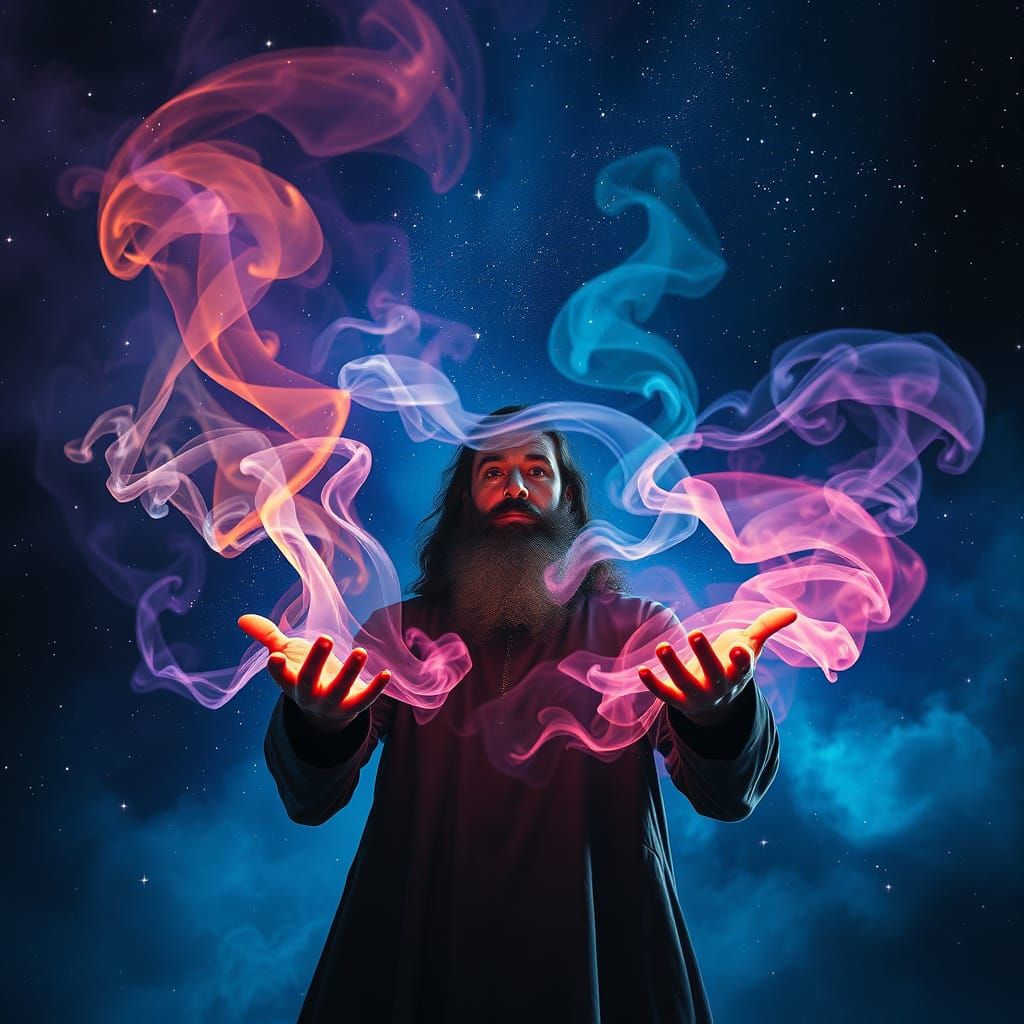 Cosmic Sorcerer with Colorful Smoke, Matte Painting Style