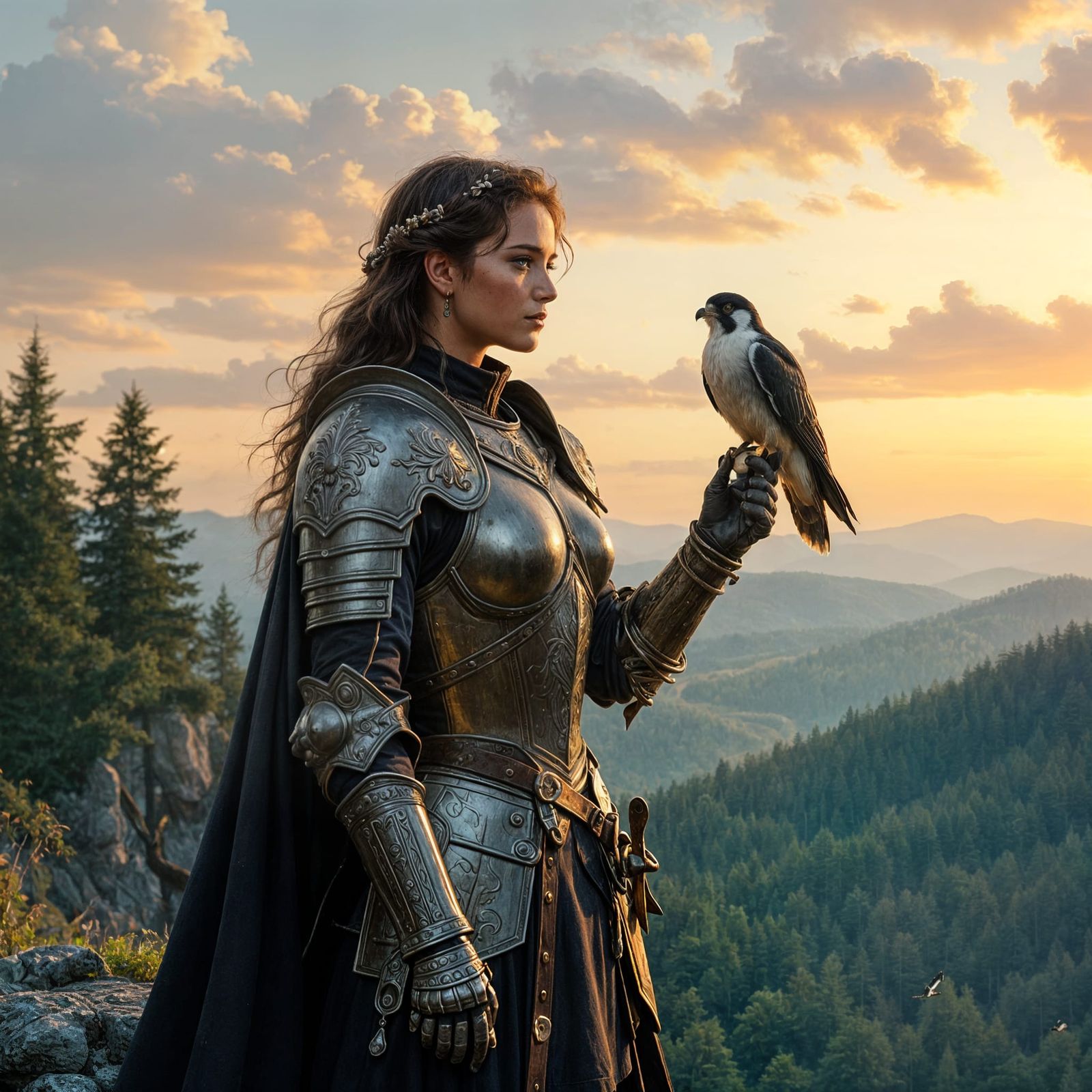 Regal Warrior Woman with Falcon on Cliff at Sunset