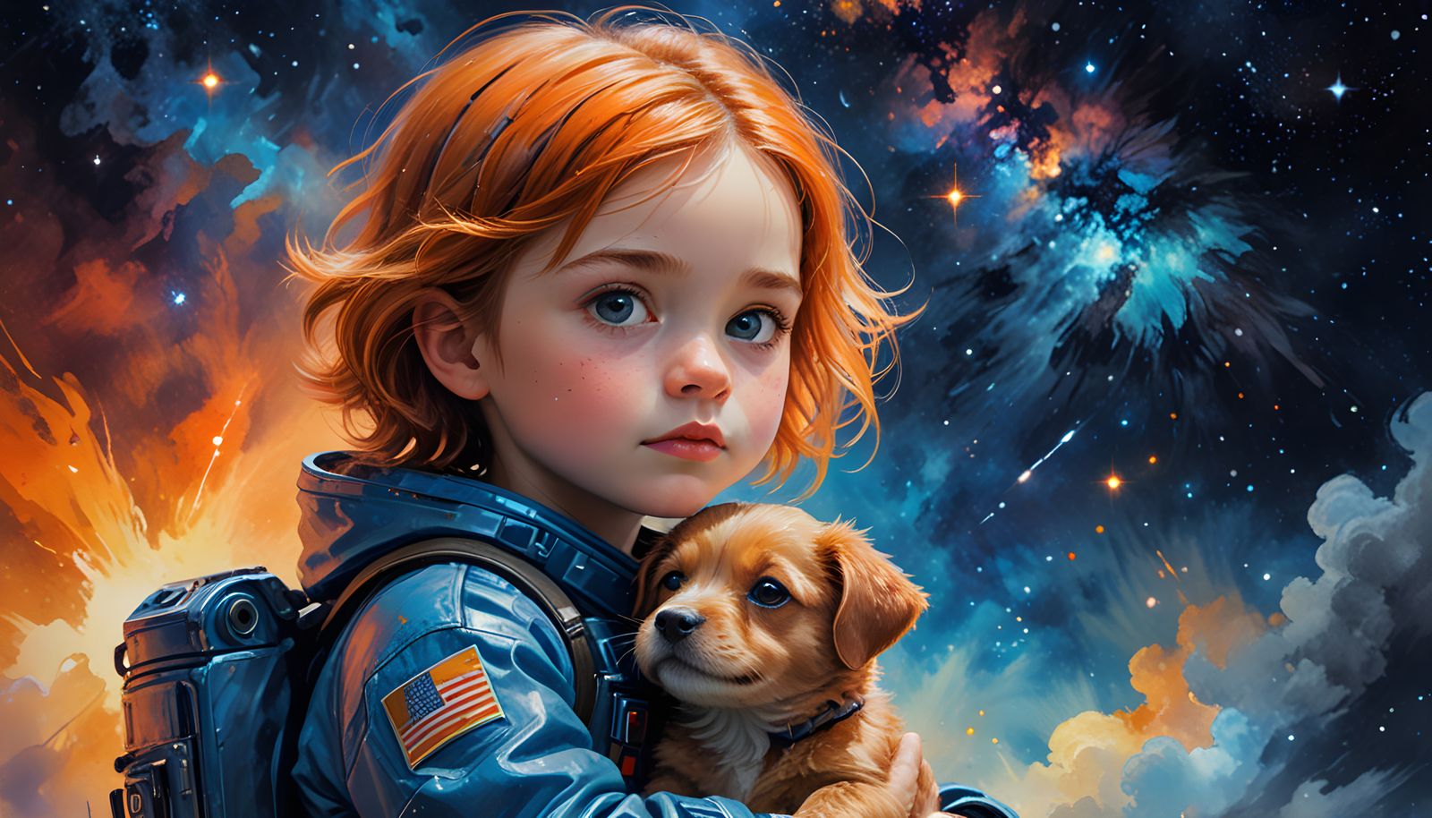 Ethereal Cosmic Scene: Child and Puppy at Galaxy's Edge