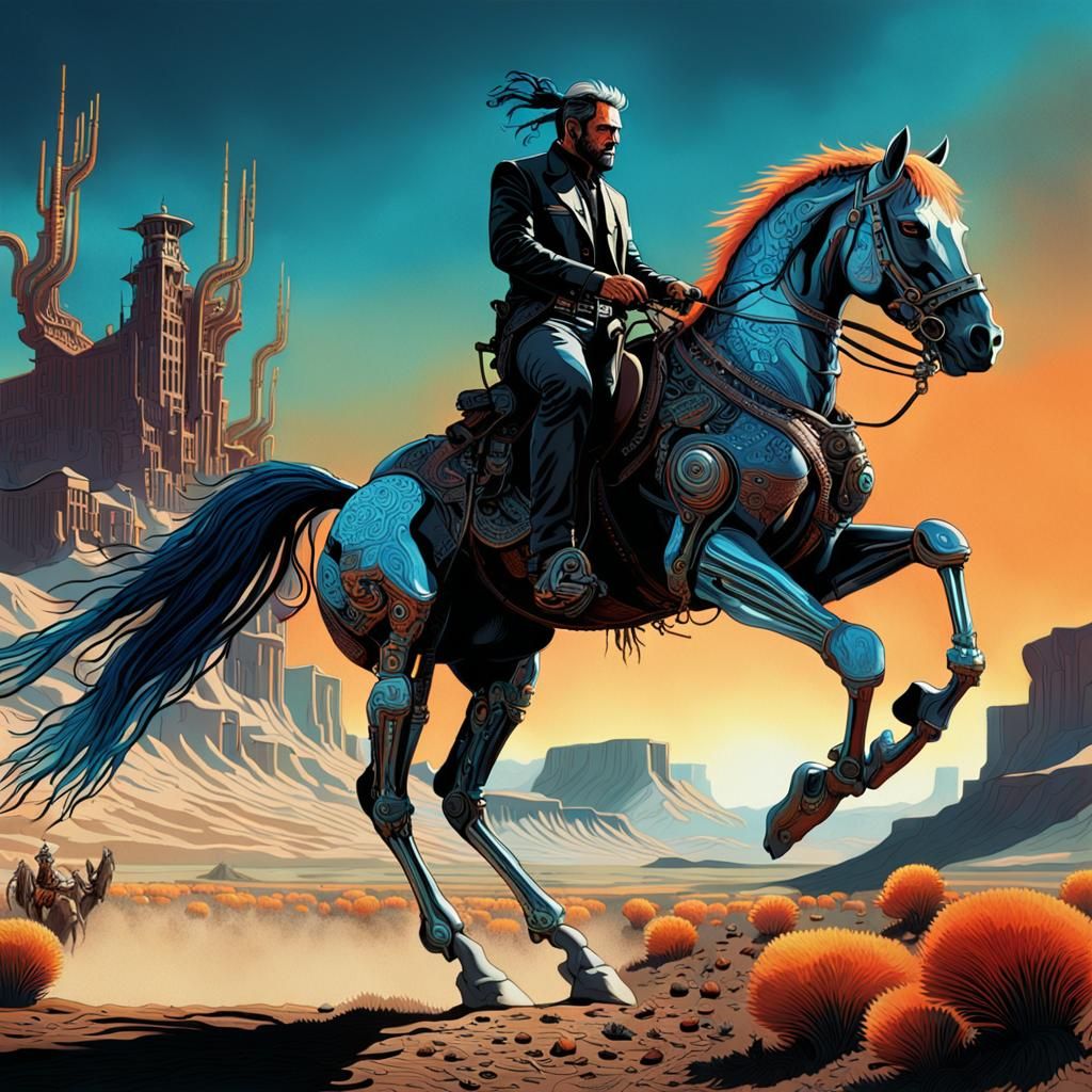 Bio-Punk Cowboy Rides Engineered Horse in Neon City
