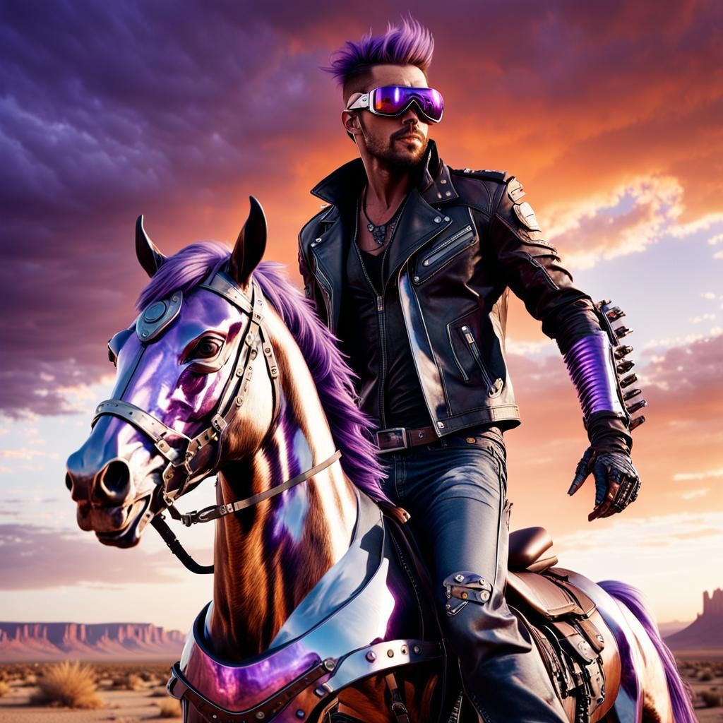 Bio-Punk Cowboy Rides Futuristic Horse at Sunset