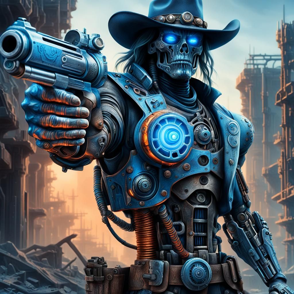 Biopunk Cowboy with Glowing Revolver in Ruined City