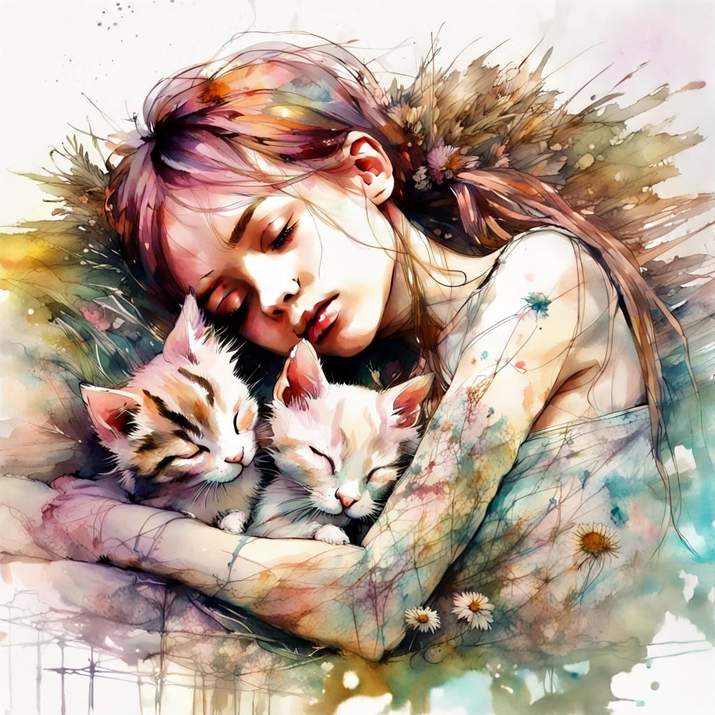 Chibi Girl Sleeping with Kittens in Meadow