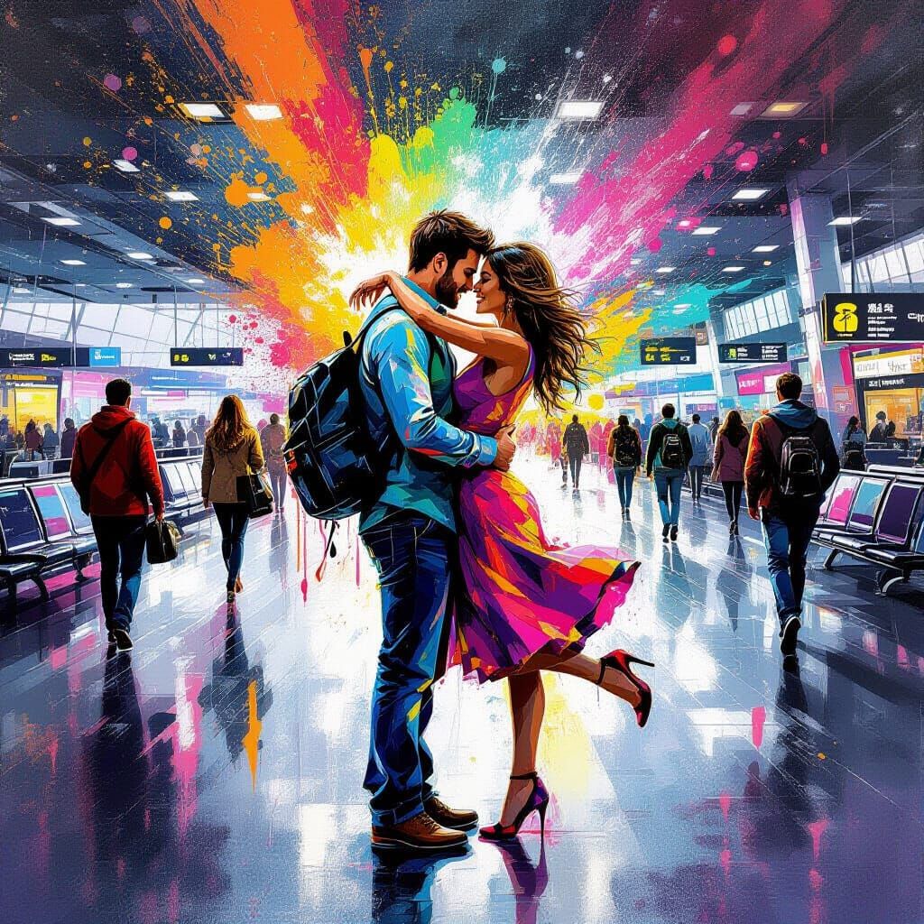 Couple's Emotional Airport Reunion in Graffiti Art Style