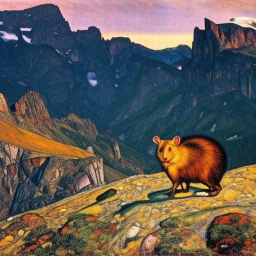 Giant Rat Reads in Rocky Mountains, Expressionist Style