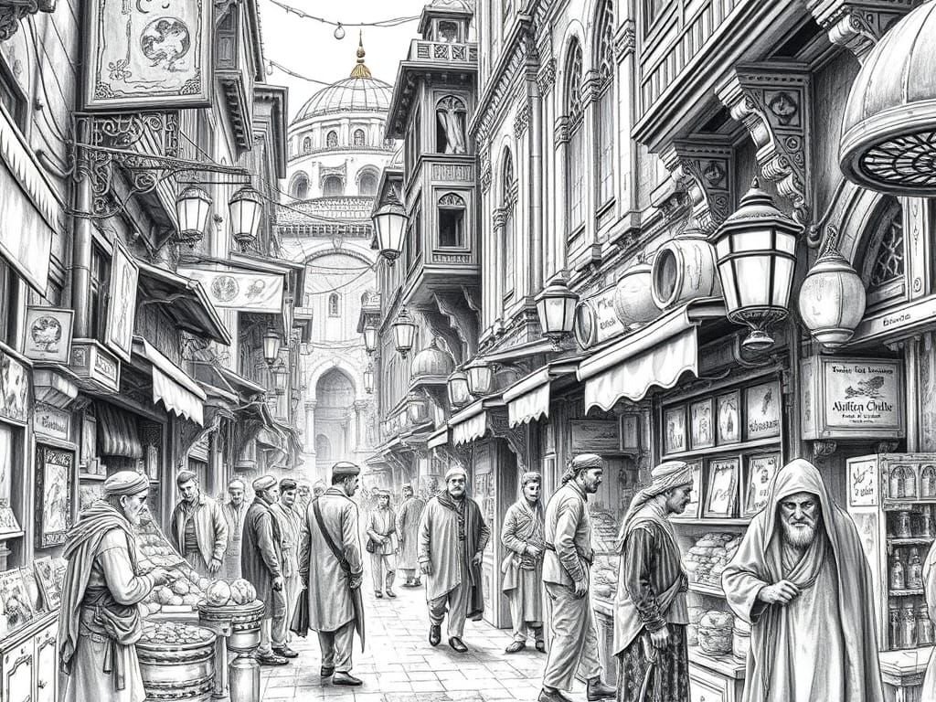 Ancient Ottoman Bazaar Shop in Masterful Black and White Pen...