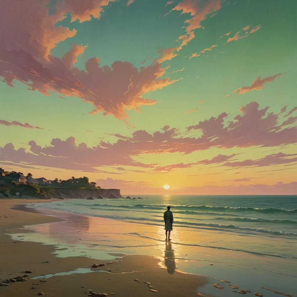 Serene Beach Sunset in Fragonard Style