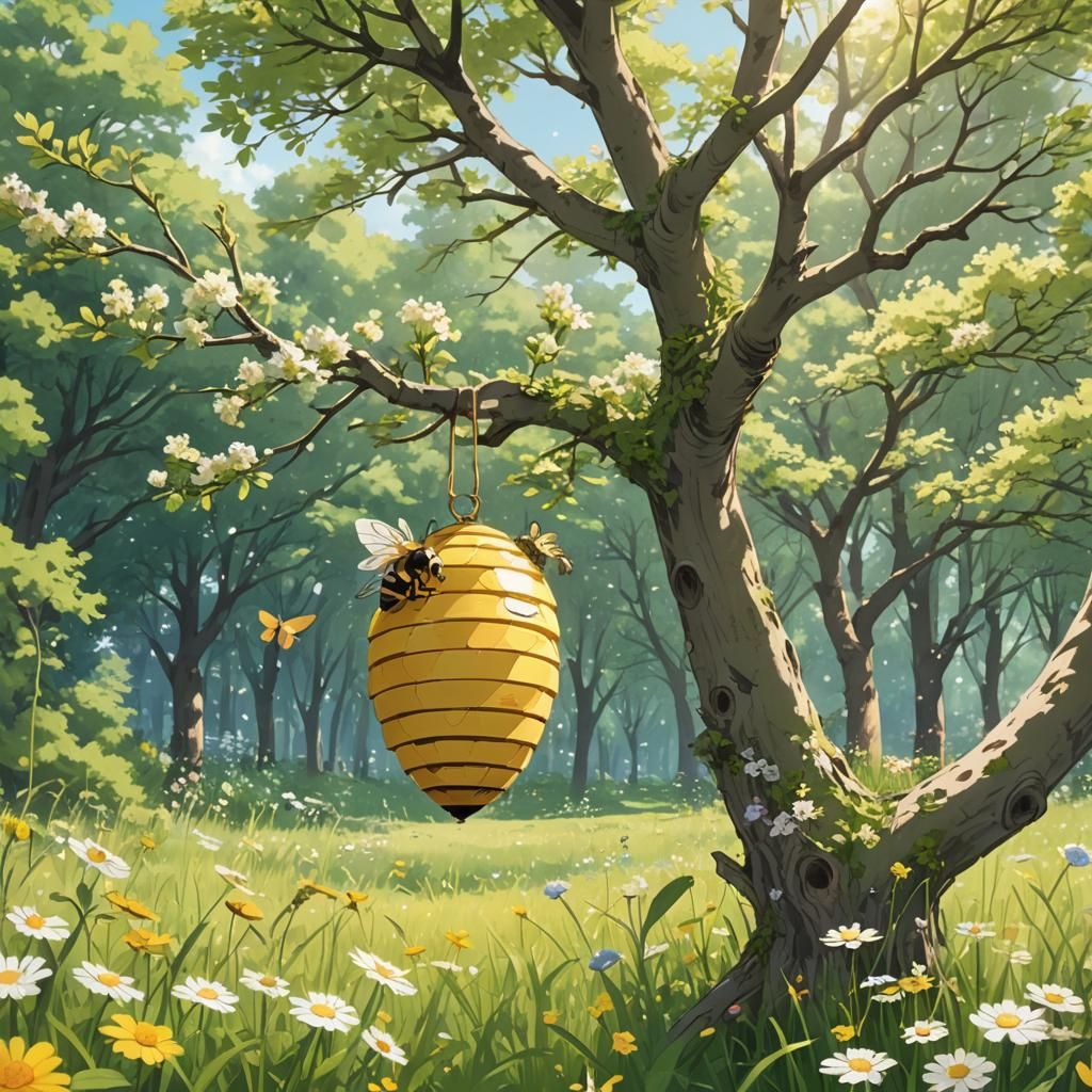 Beehive in Sunny Meadow, Anime Art Style