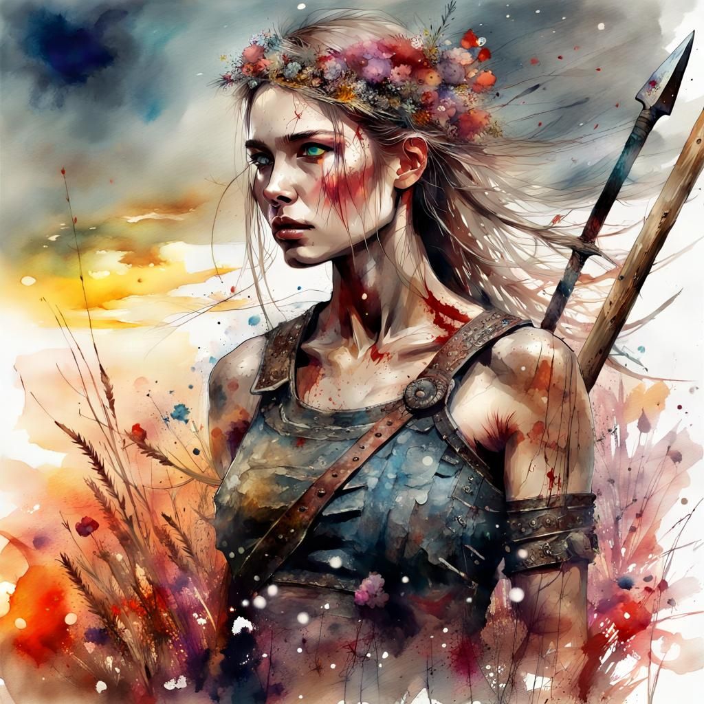 Viking Warrior Woman in Digital Watercolor Art