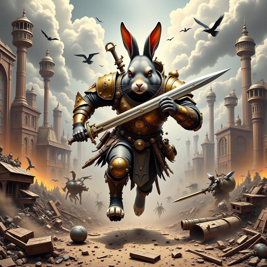 Steampunk Warrior Bunny Charging into Battle