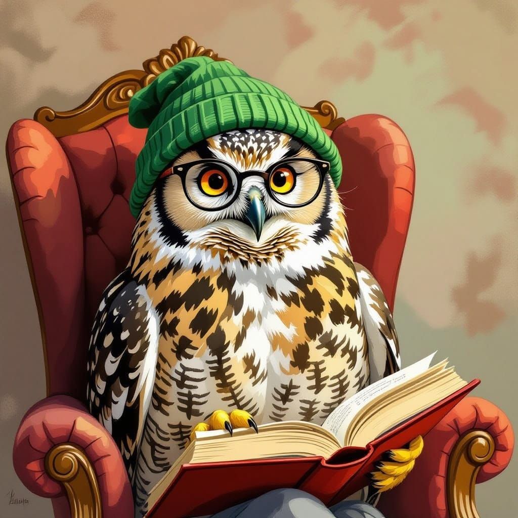 Wise Owl in Green Hat Reads by Soft Light