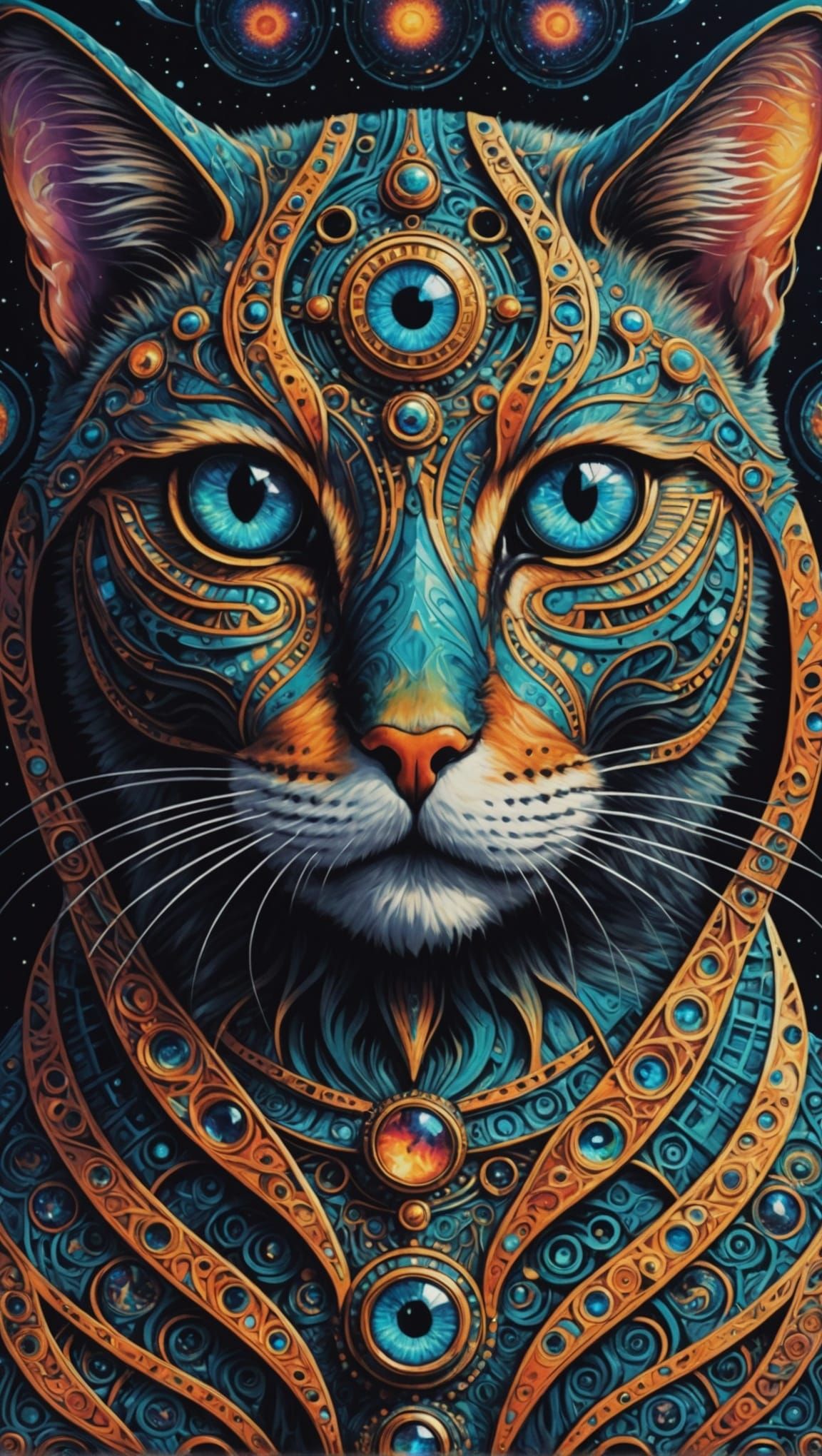 Surreal Psychedelic Cat Face with Third Eye