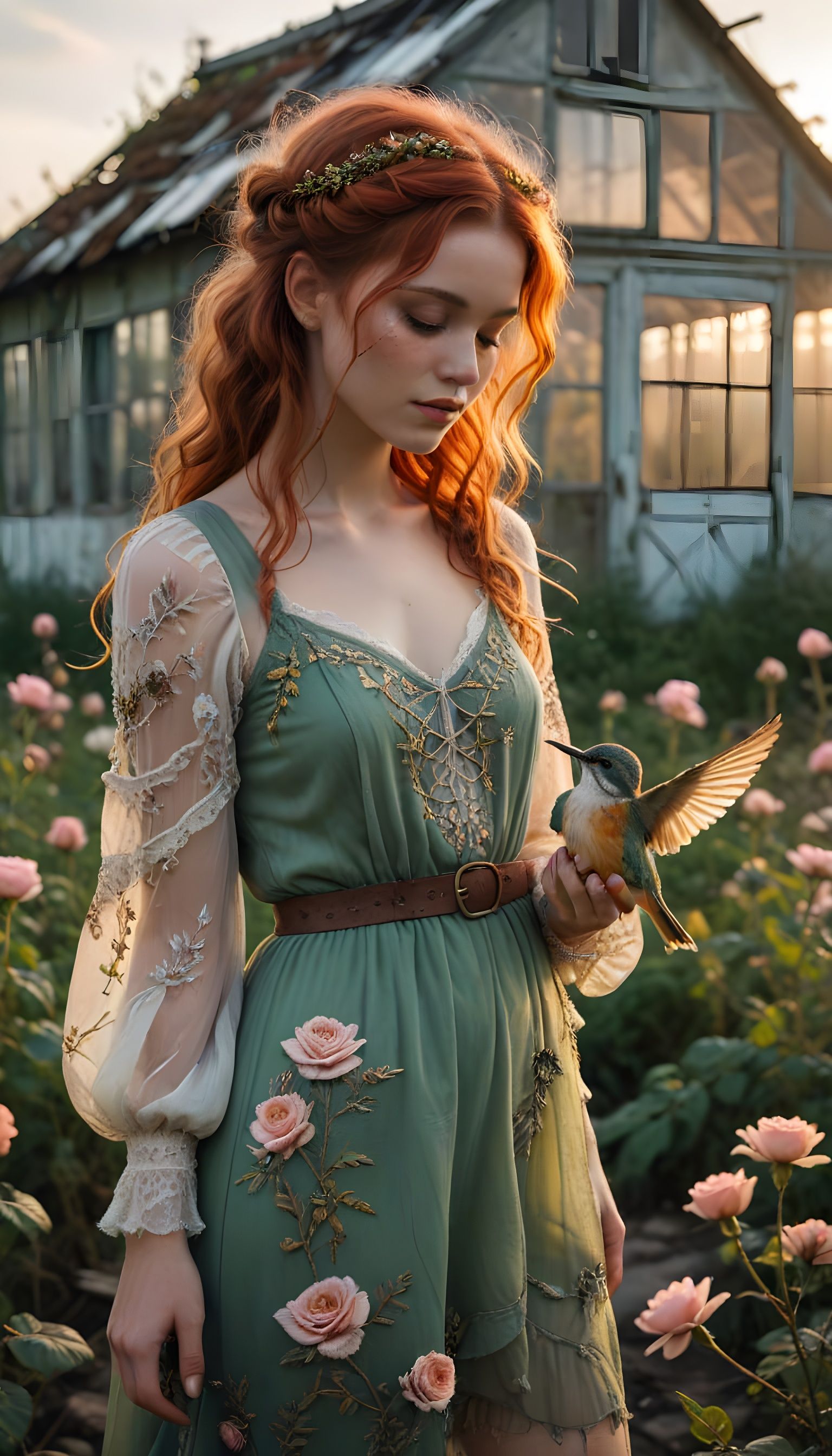 Romantic Grunge Woman Amidst Abandoned Greenhouse