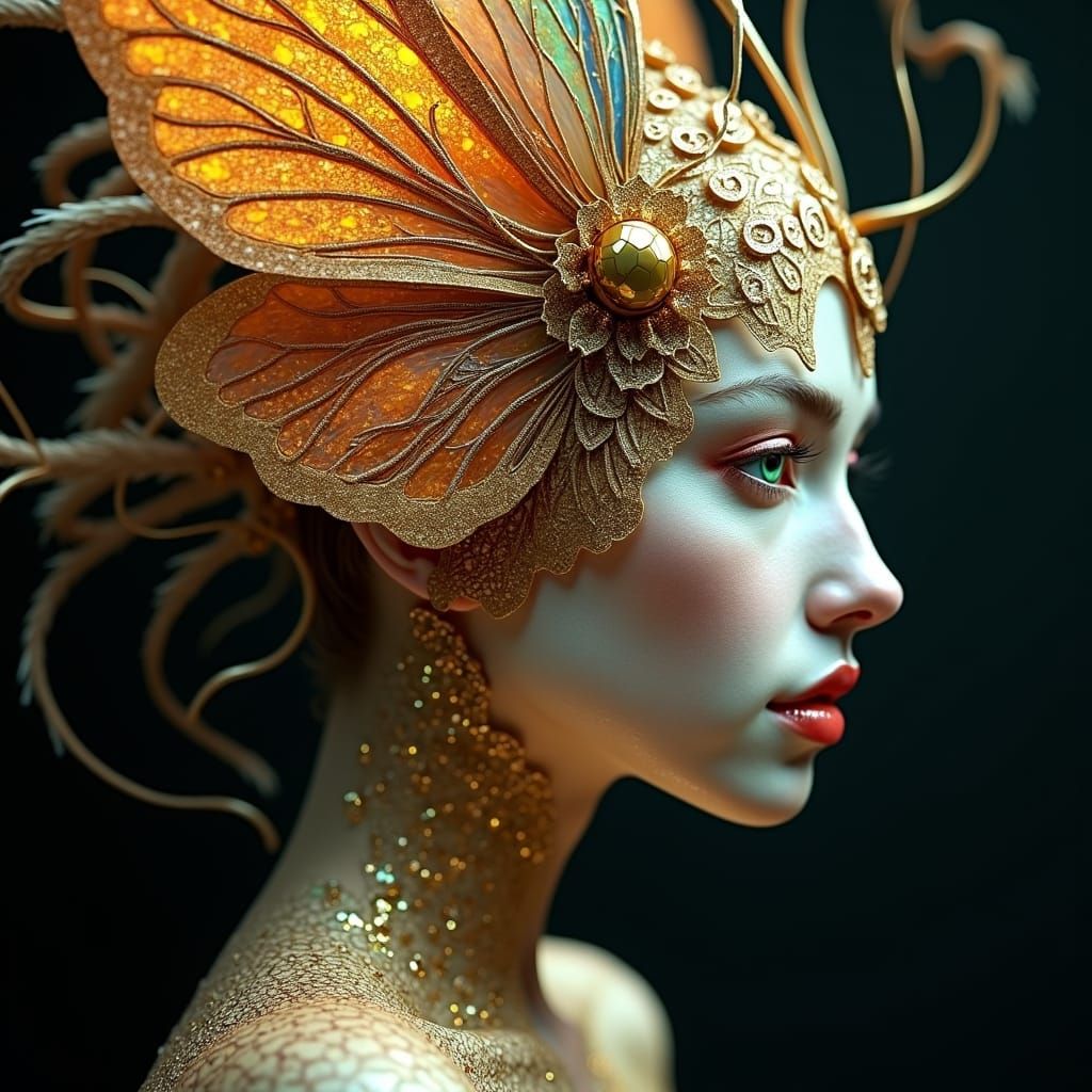 Ethereal Woman with Butterfly Wings in Art Nouveau Style