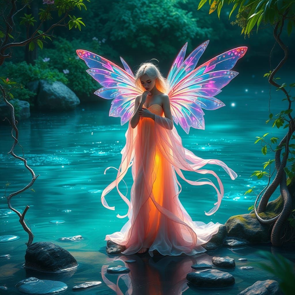 Ethereal Being with Luminescent Wings in Matte Painting Styl...