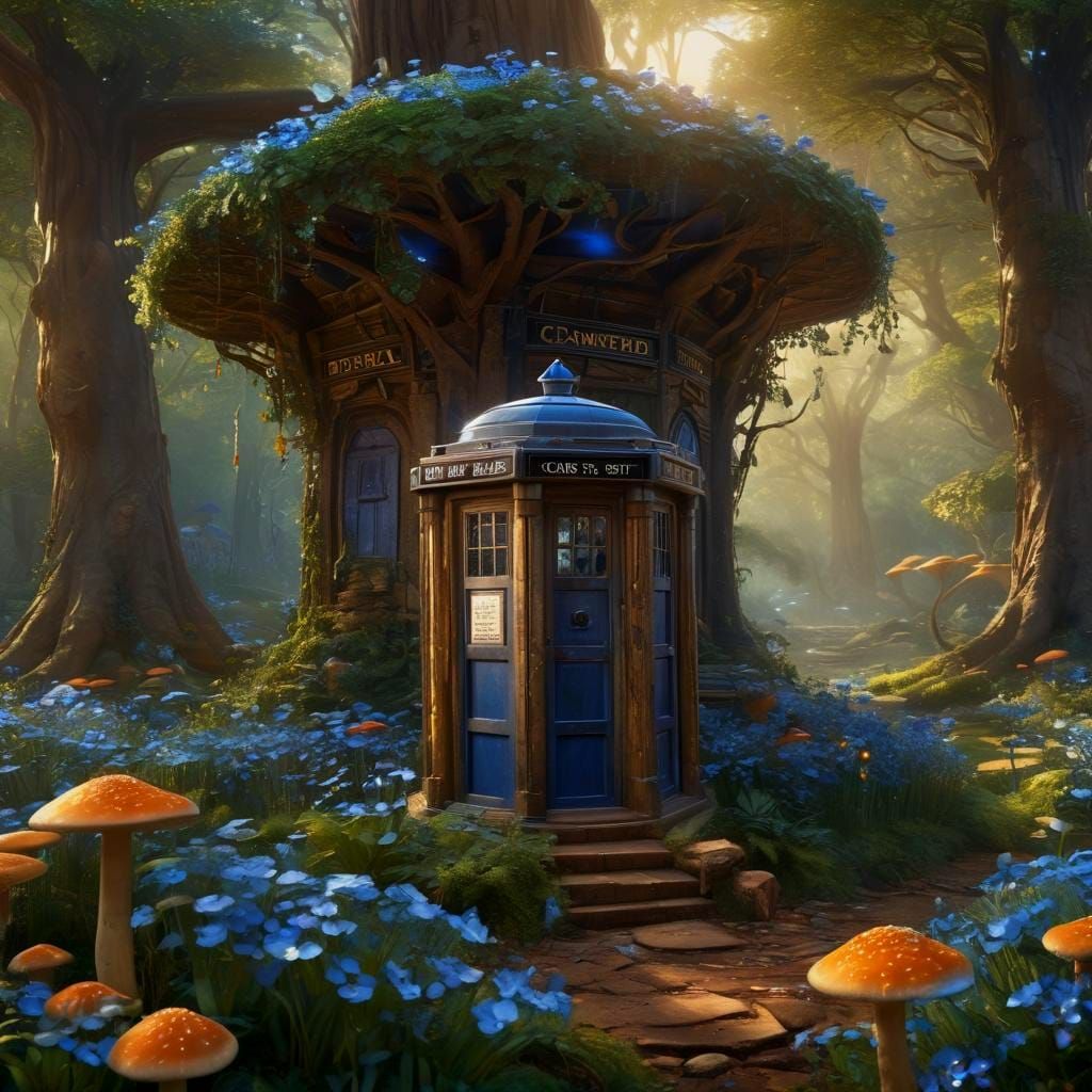 Whimsical Forest TARDIS Concept Art in Vibrant Colors