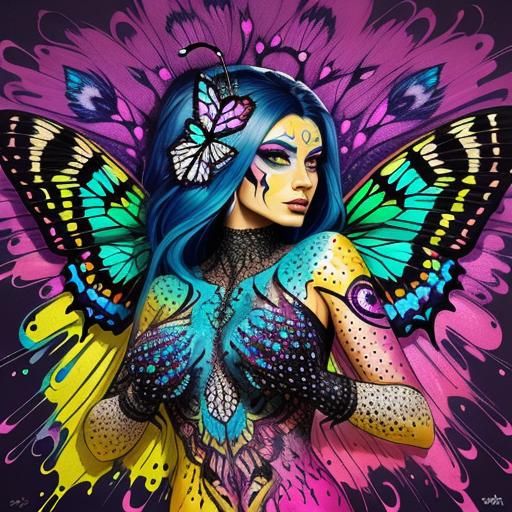 Butterfly Moth Woman with Peacock Feathers in Graffiti Style