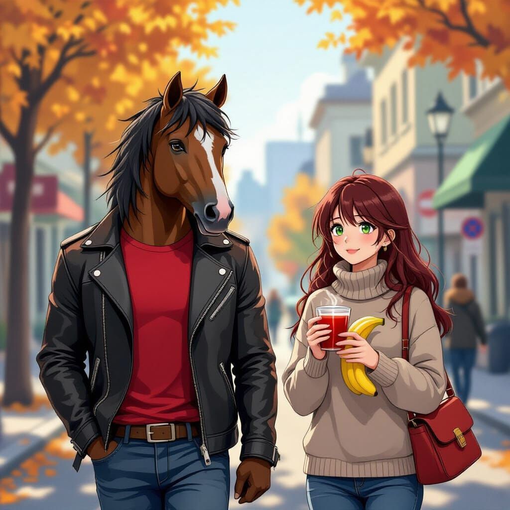 Man with Horse Head and Woman in Autumn Cityscape