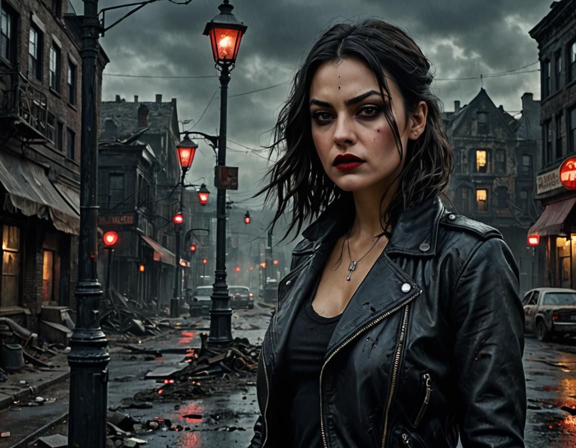 Gothic Woman in Post-Apocalyptic Town at Night