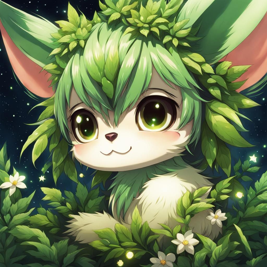 Furry Plant Creature with Starry Eyes in Anime Style