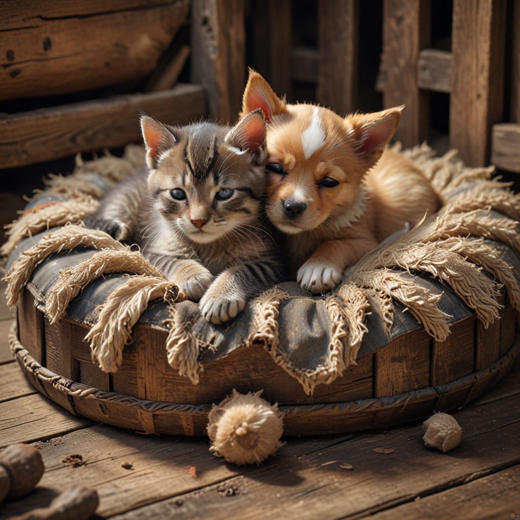 Cute Kitten and Puppy Sleeping Peacefully