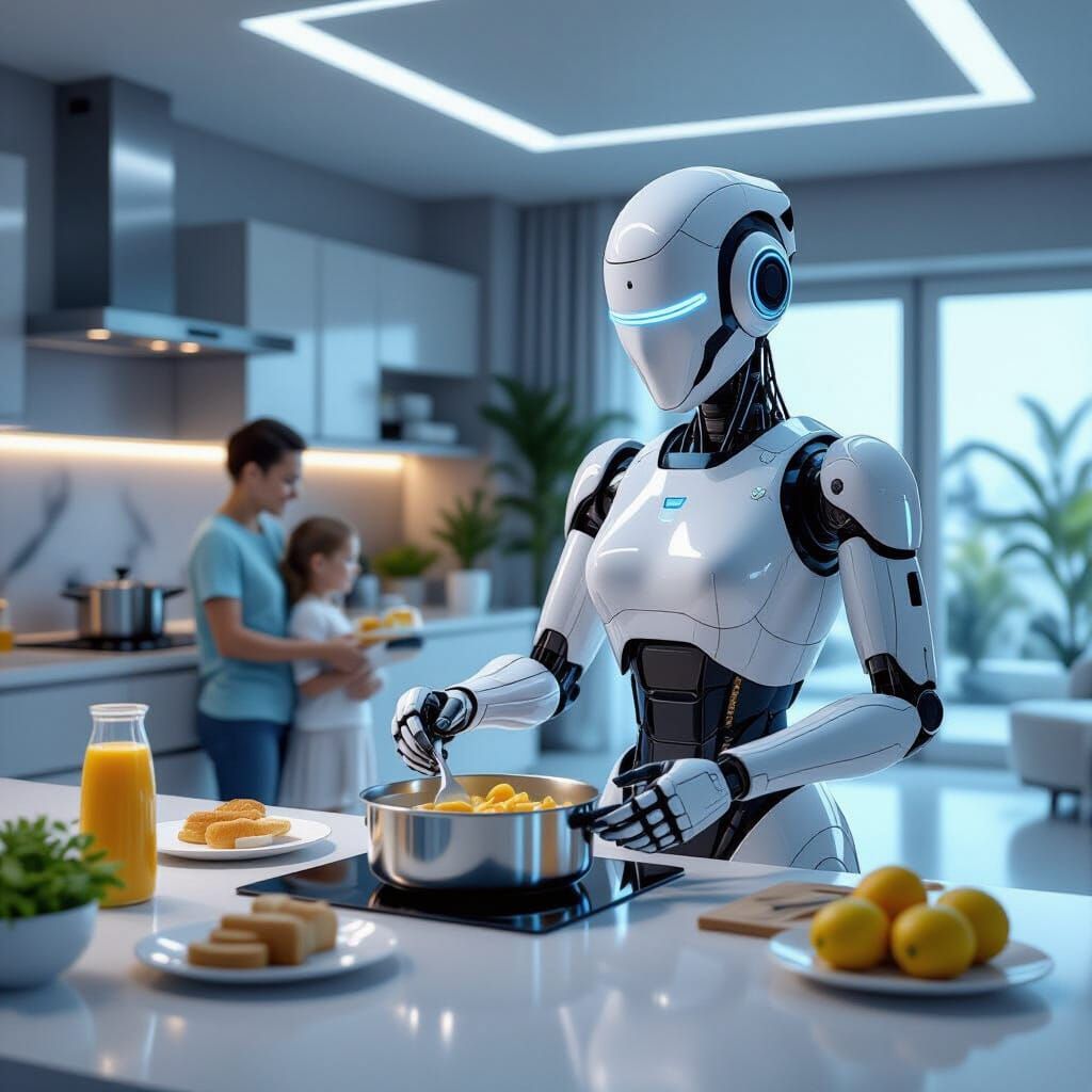 Futuristic Robotic Maid Cooking for Family