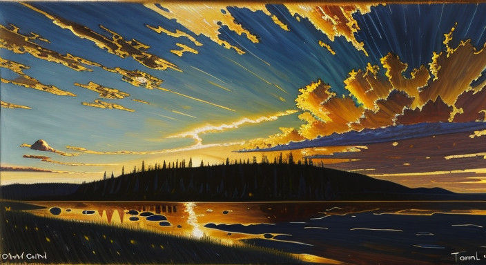 Golden Hour Landscape with Dramatic Clouds, in Impressionist...