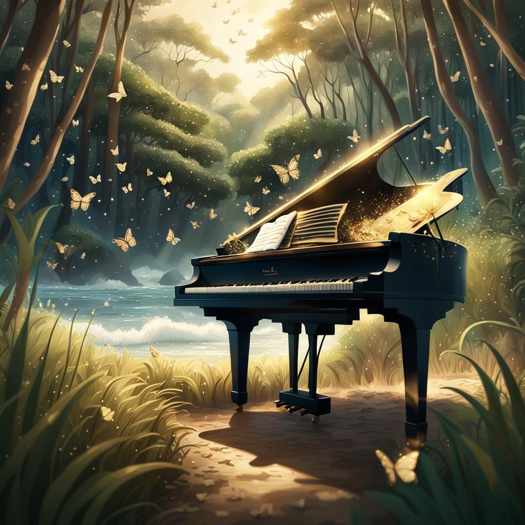 Hyperrealistic Piano in Lush Forest Landscape