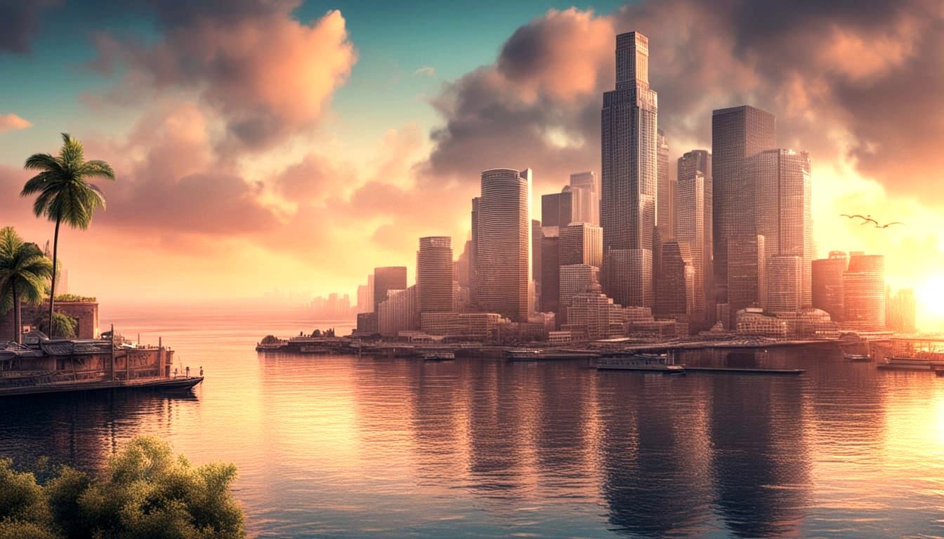 Epic Coastal Cityscape at Sunset in Realistic HDR Style