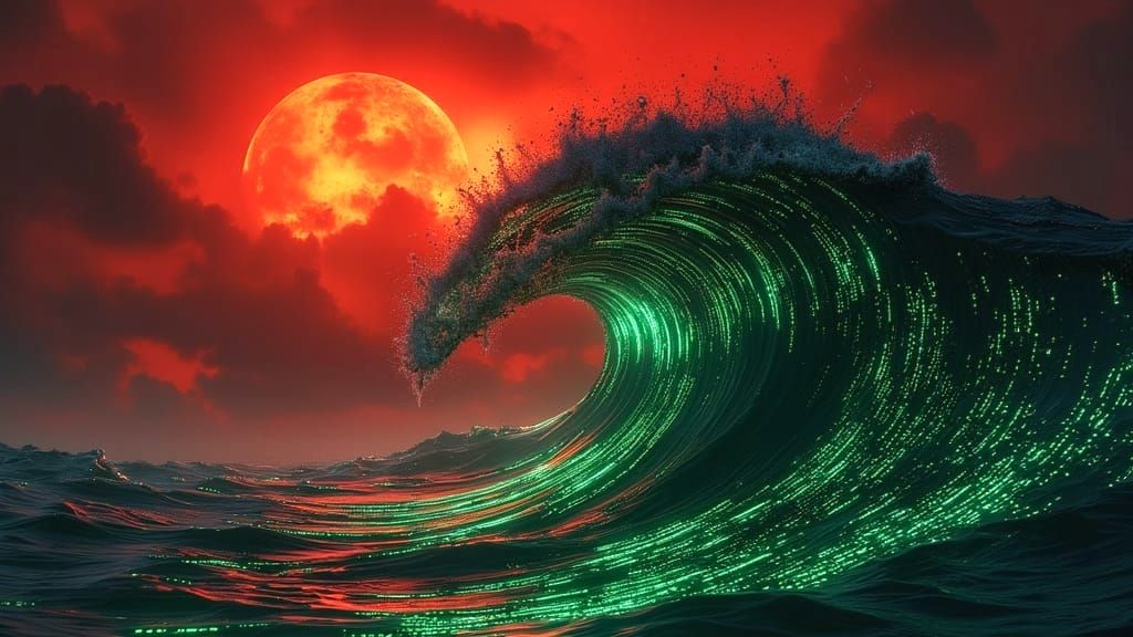 Hyperrealistic Matrix Code Wave in Fiery Sky