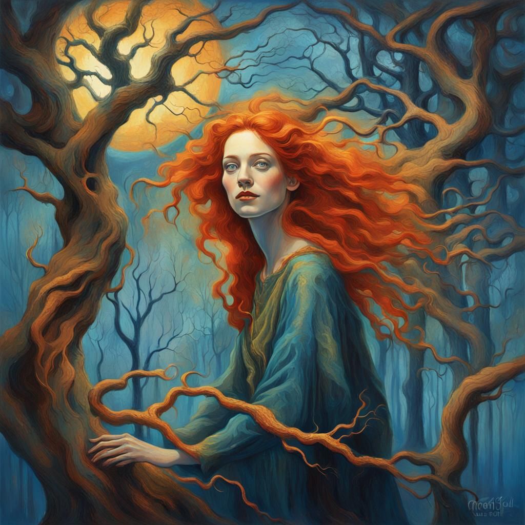 Redhead Witch in Surrealist Forest Dreamscape