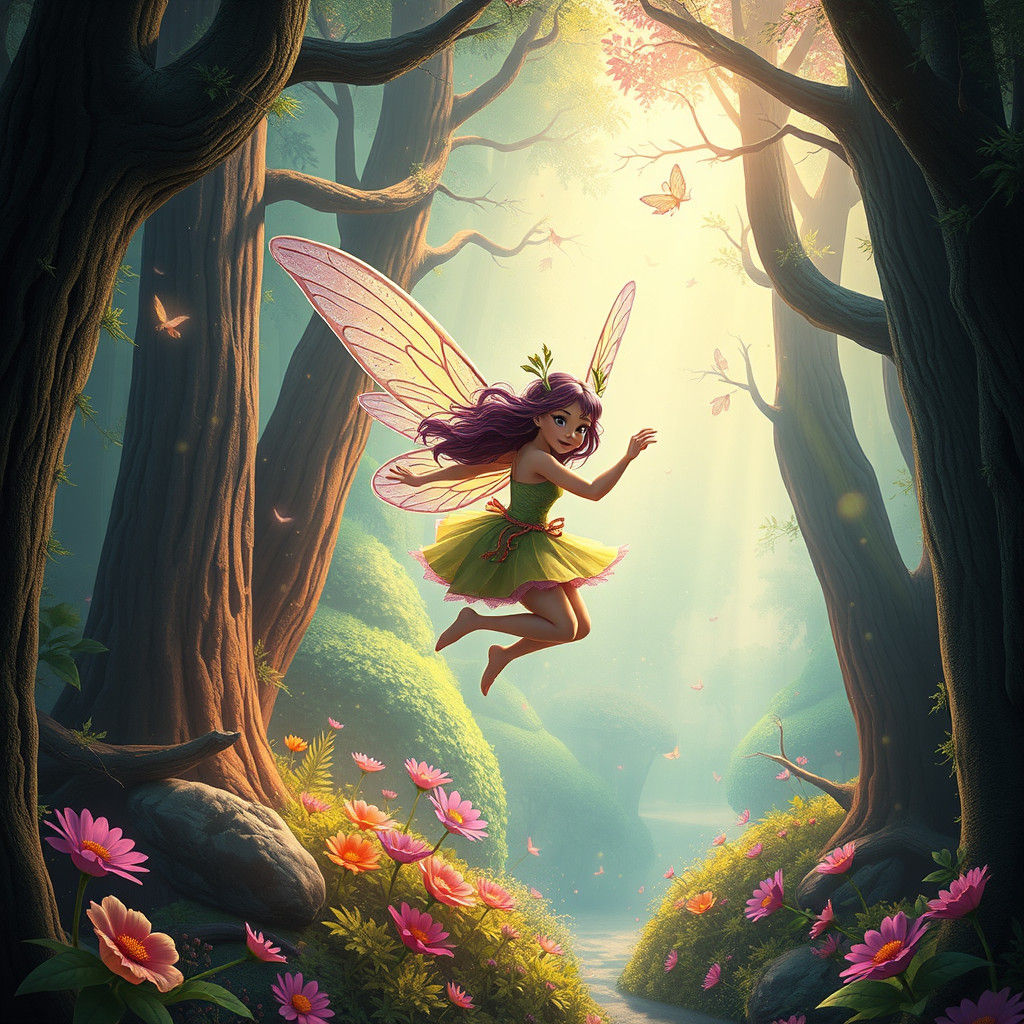 Fairy Flying Through Enchanted Forest in Lisa Frank Style