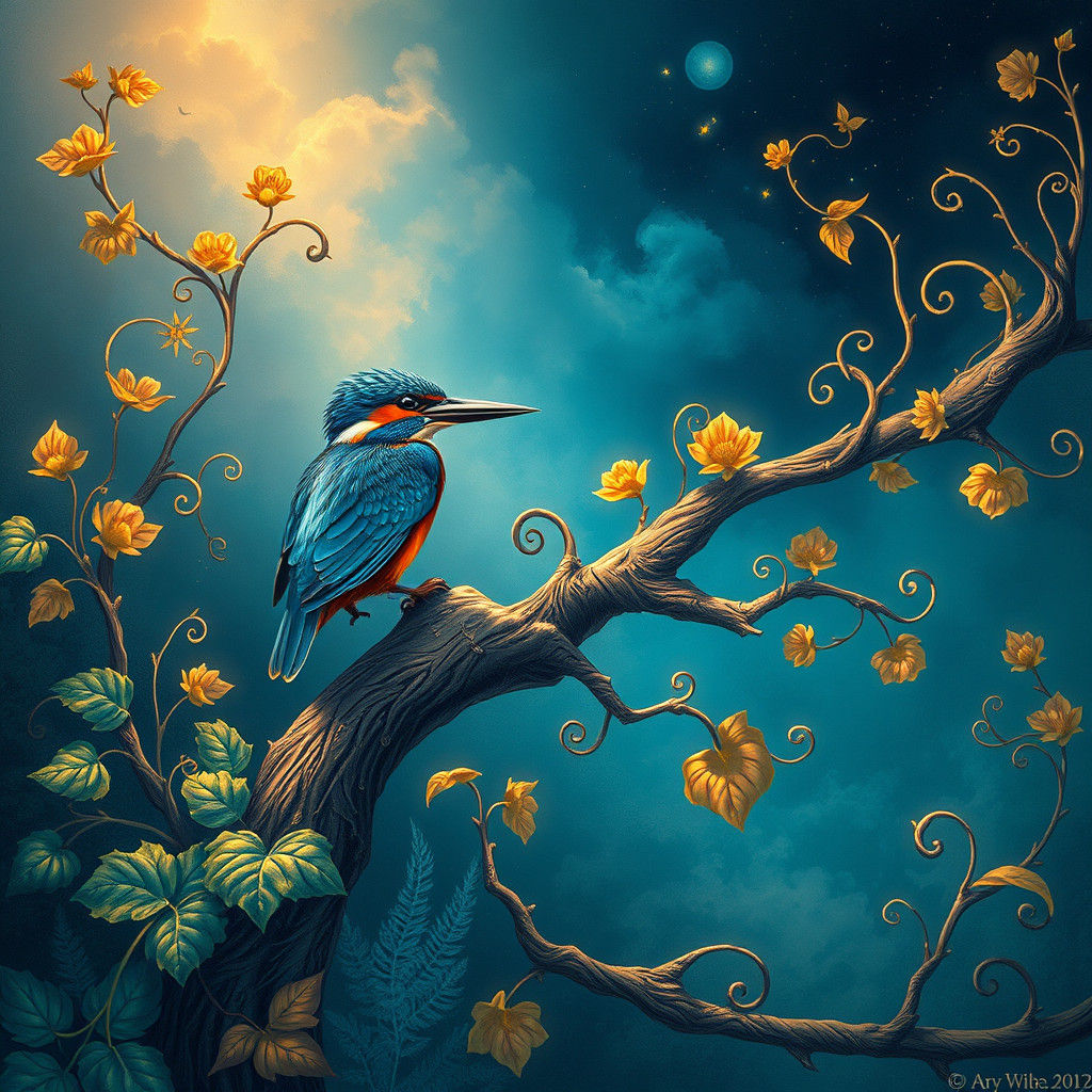 Kingfisher in Art Nouveau Sci-Fi Landscape
