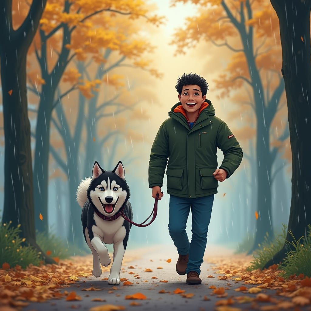 Husky and Father Running in Rainy Forest, Anime Style
