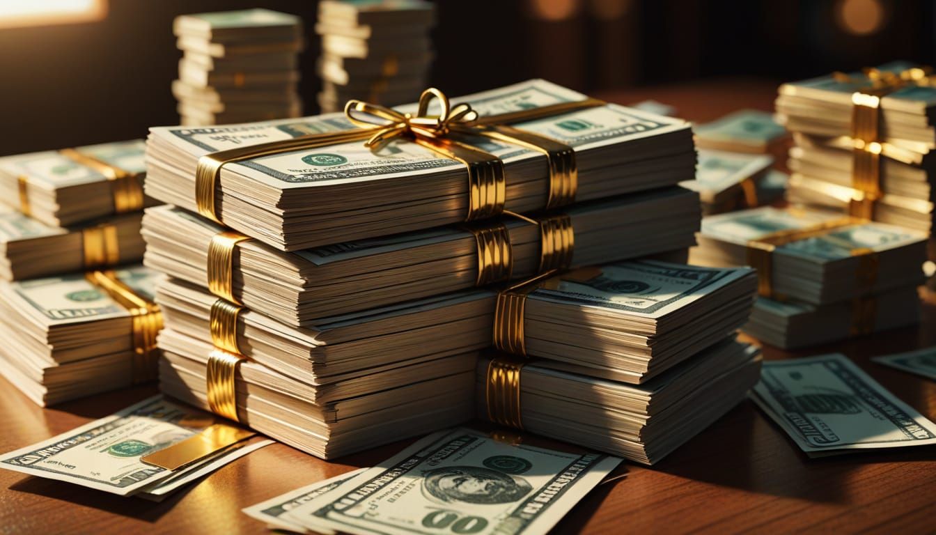 Hyper-Realistic Money Stacks in Golden Light