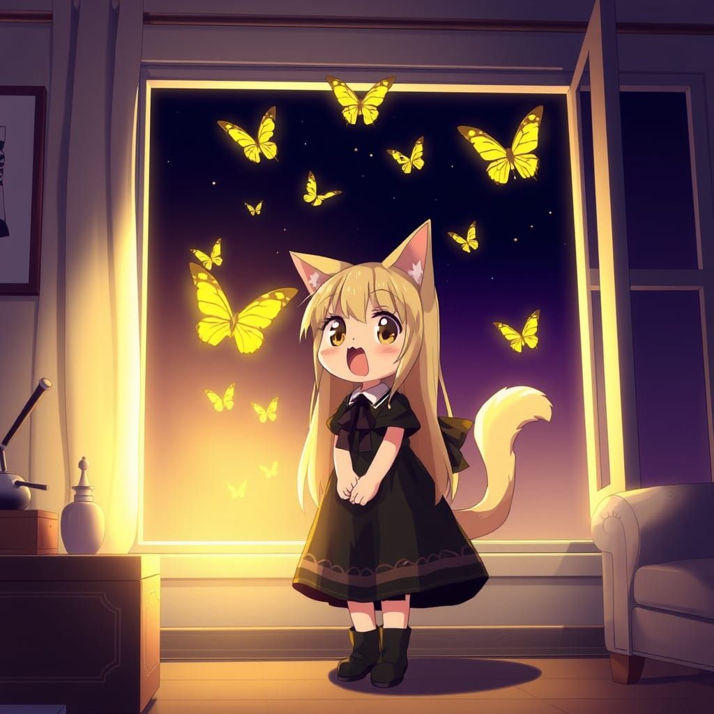 Mysterious Anime Catgirl Admires Butterflies in the Night