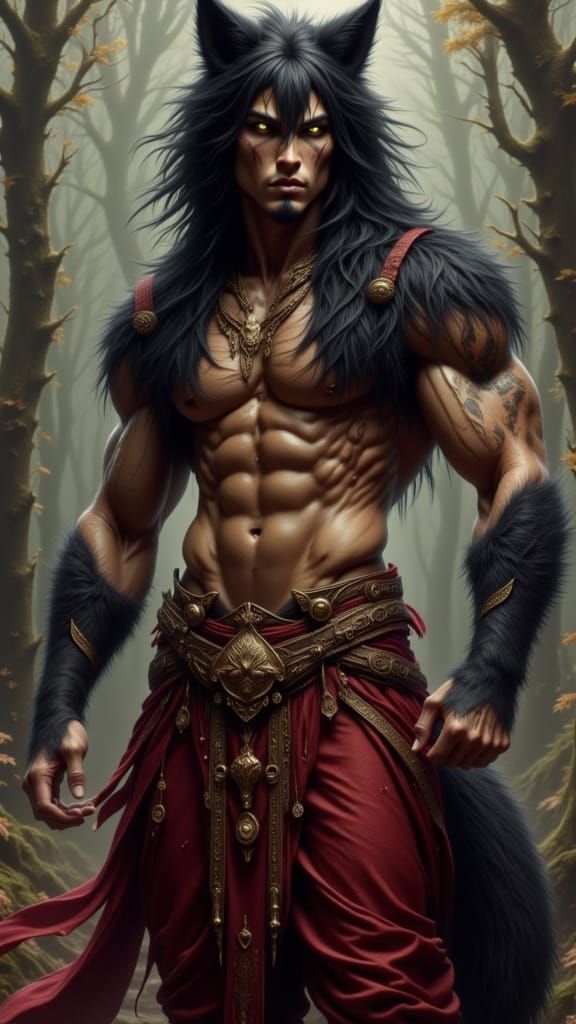 Wolf-Man in Harem Pants: A Dark Fantasy Portrait