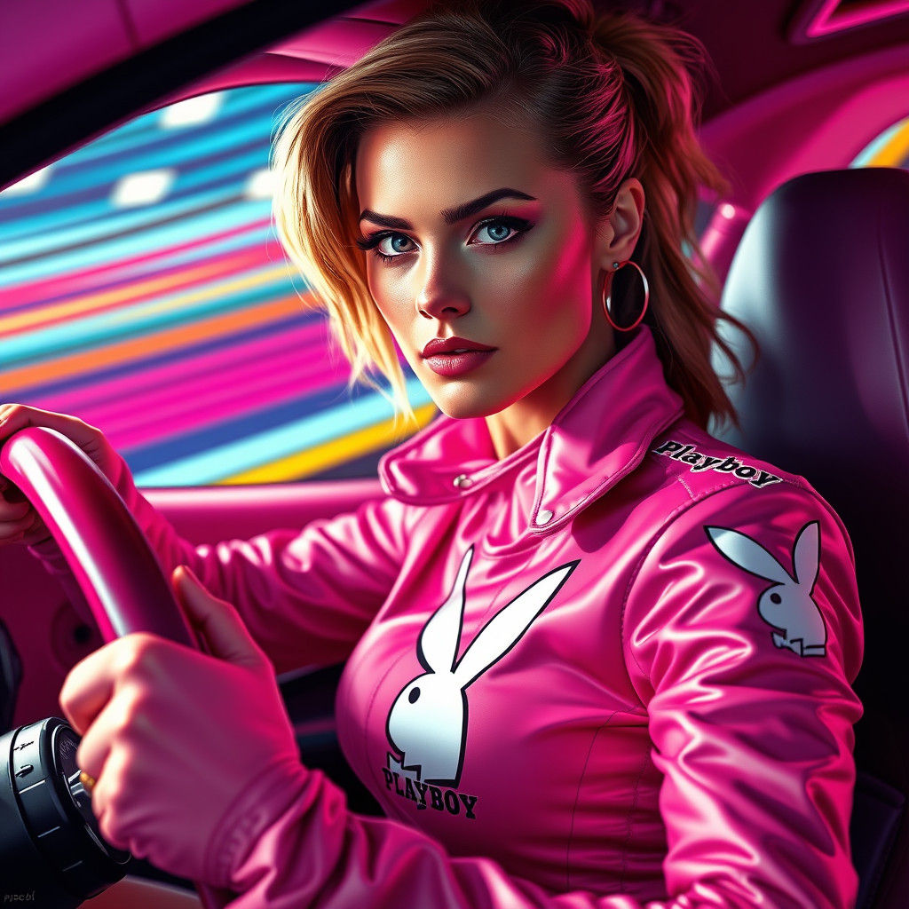 Playboy Model in Pink Race Car: Hyperrealistic Concept Art