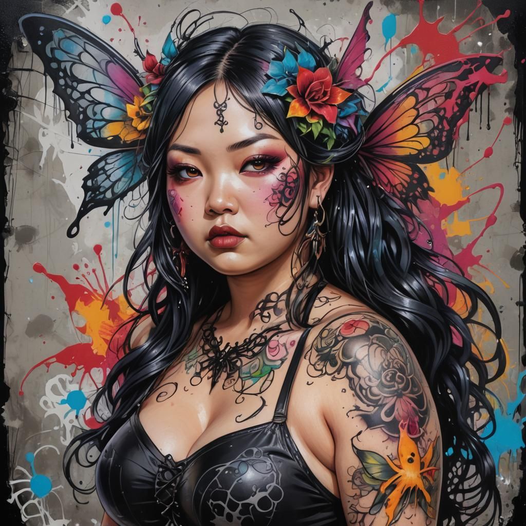 Gothic Asian Fairy with Tattoos in Graffiti Art Style