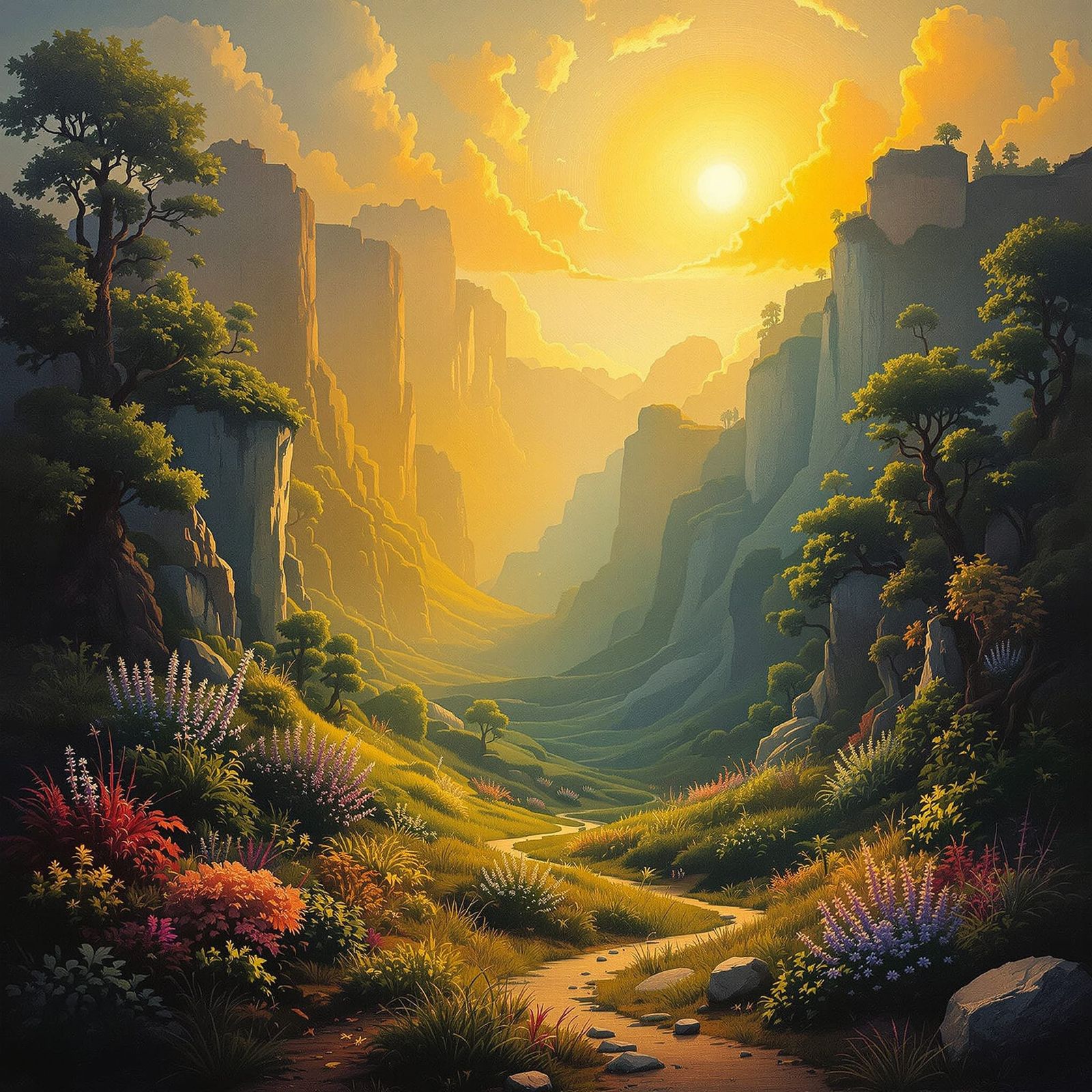 Surreal Golden Hour Landscape with Dreamlike Clarity
