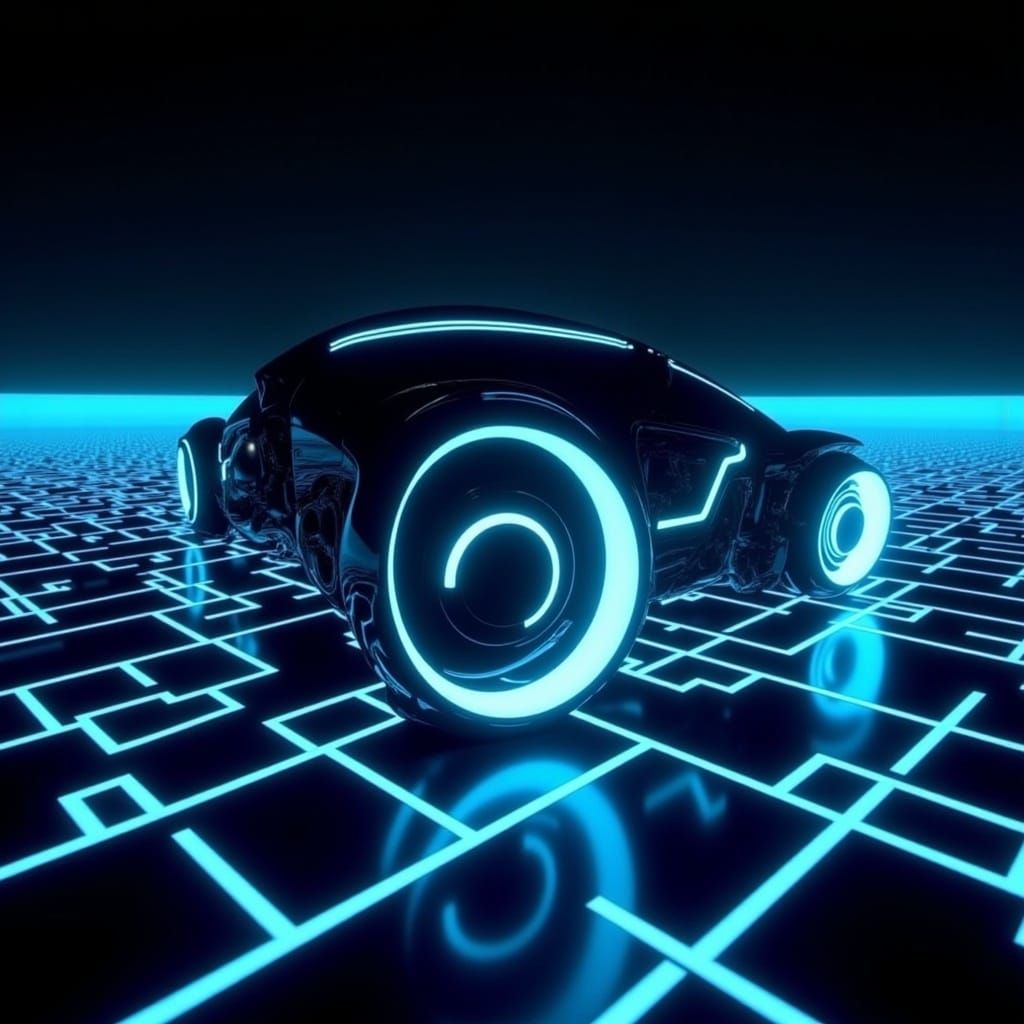 TRON Lightcycle in a Matrix of 1980s Cars