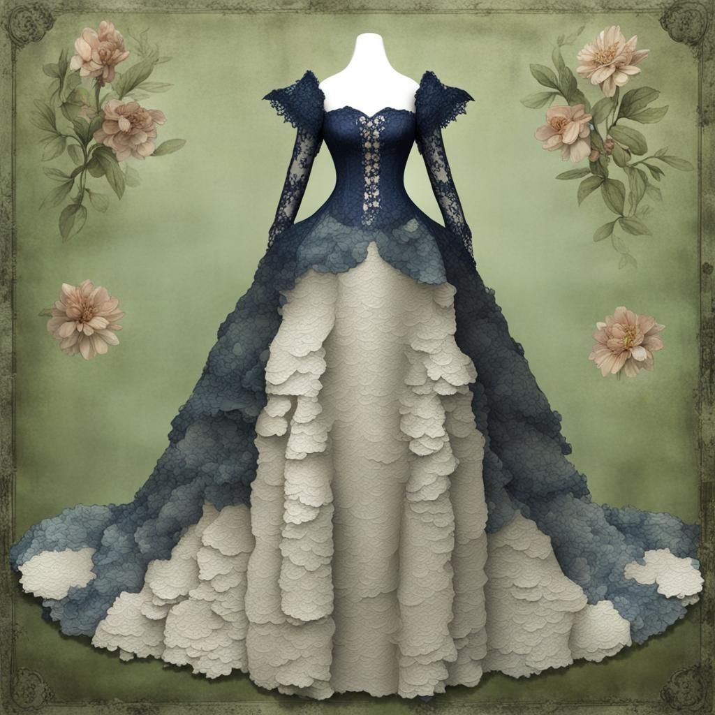 Fine Art Collage :: (Victorian Floral Lace A Line Gown, 1:2) :: (Flared 3d Tiered Skirt , 1:3) :: 3d shading :: Sage Gr...