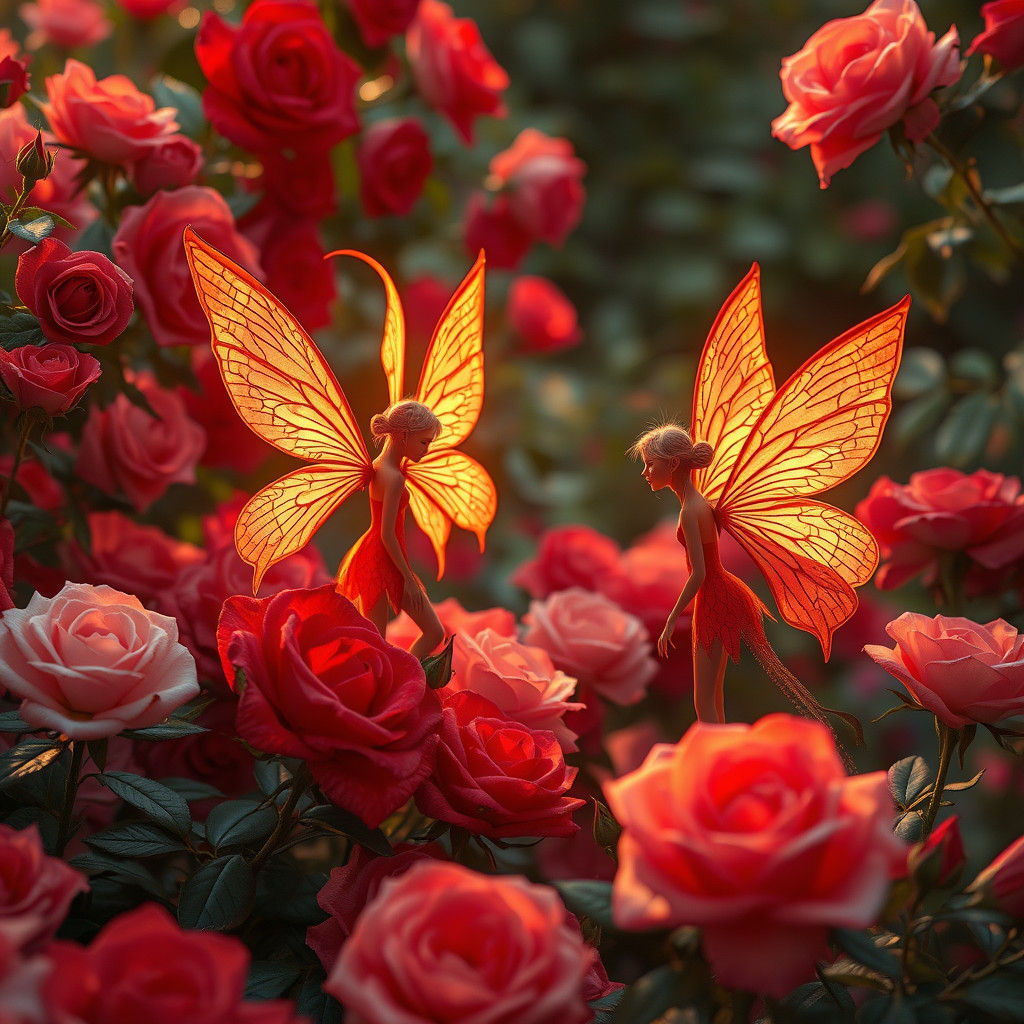 Fire Faeries in Rose Garden: Fantasy Concept Art