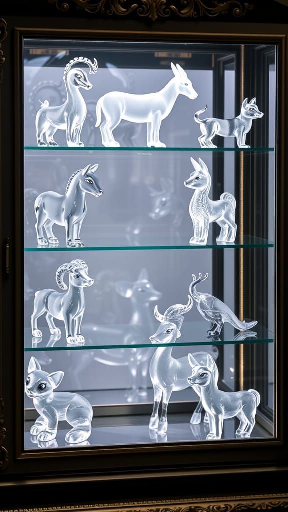 A collection of Crystal Animals kept in an Ornate Glass Cabi...