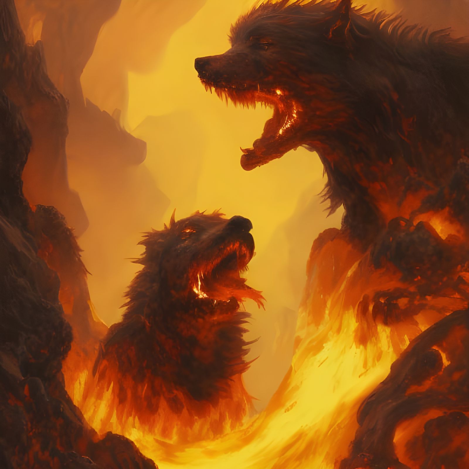 Fiery Cerberus in Dark Cave, Fantasy Art