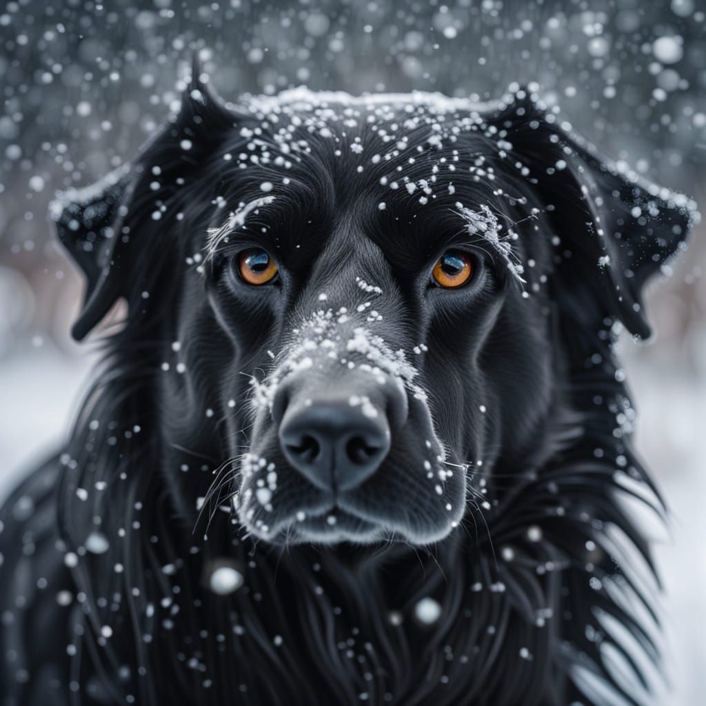 Black Dog in Falling Snow, Hyperrealistic DSLR