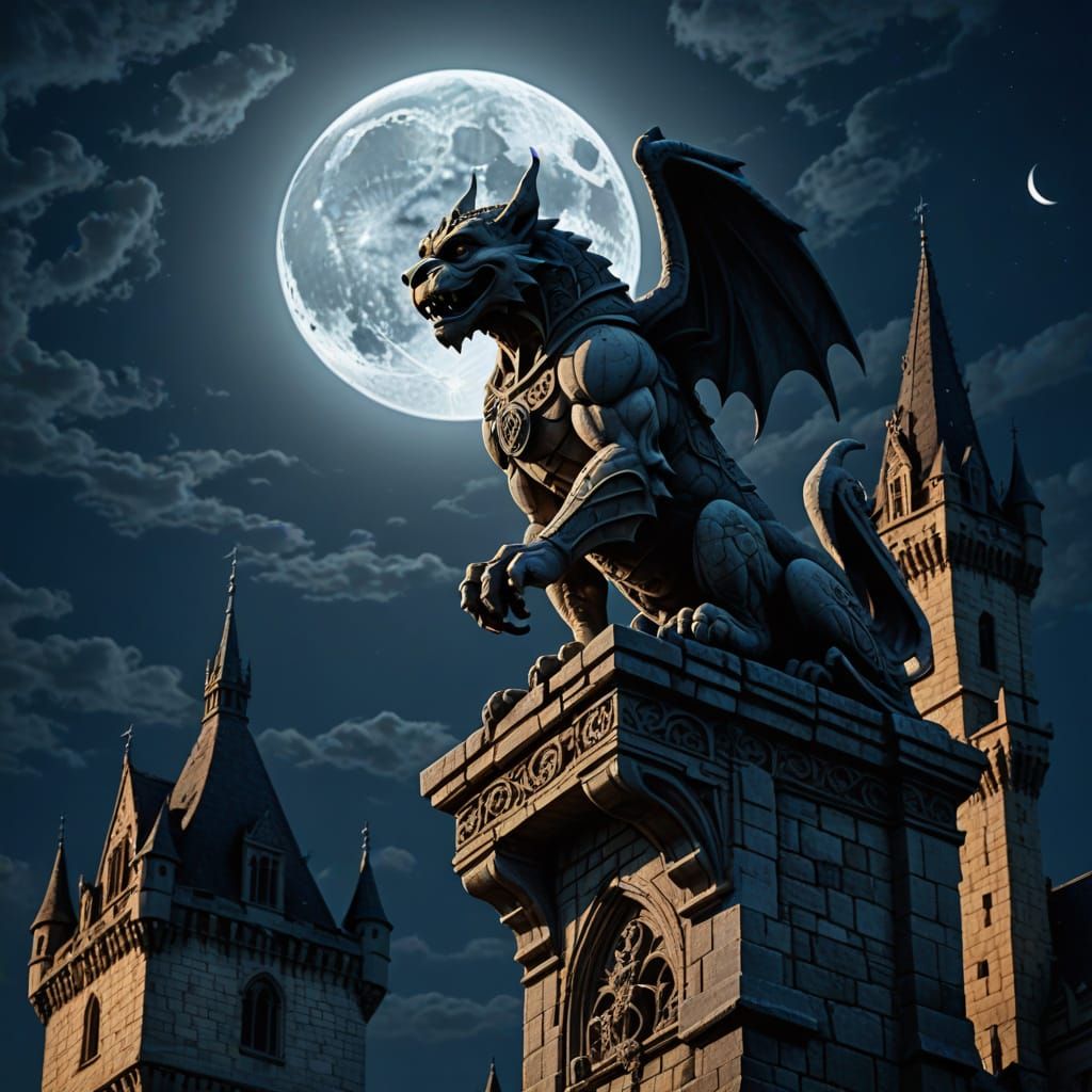 Medieval Stone Gargoyle Dances Under Moonlight