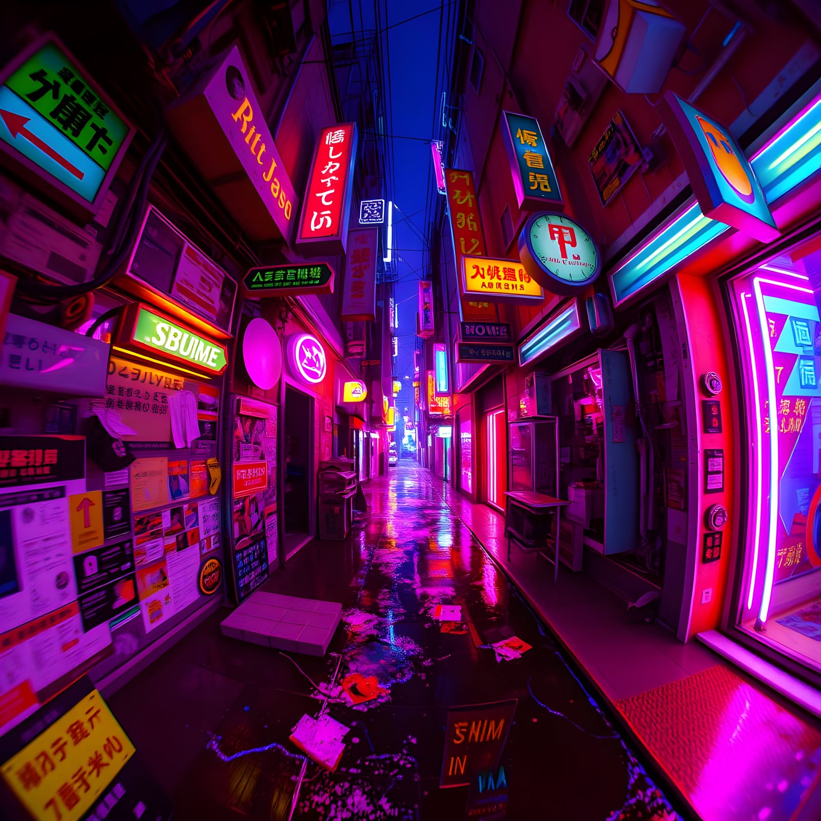 Cyberpunk Alley in Fisheye Perspective with Neon Reflections