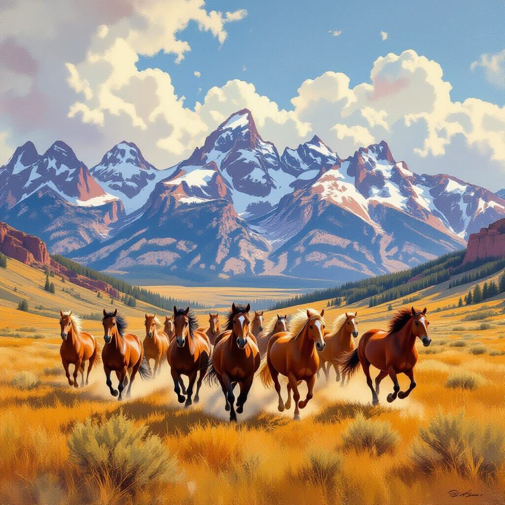 Wild Horses Galloping Through Western Meadow
